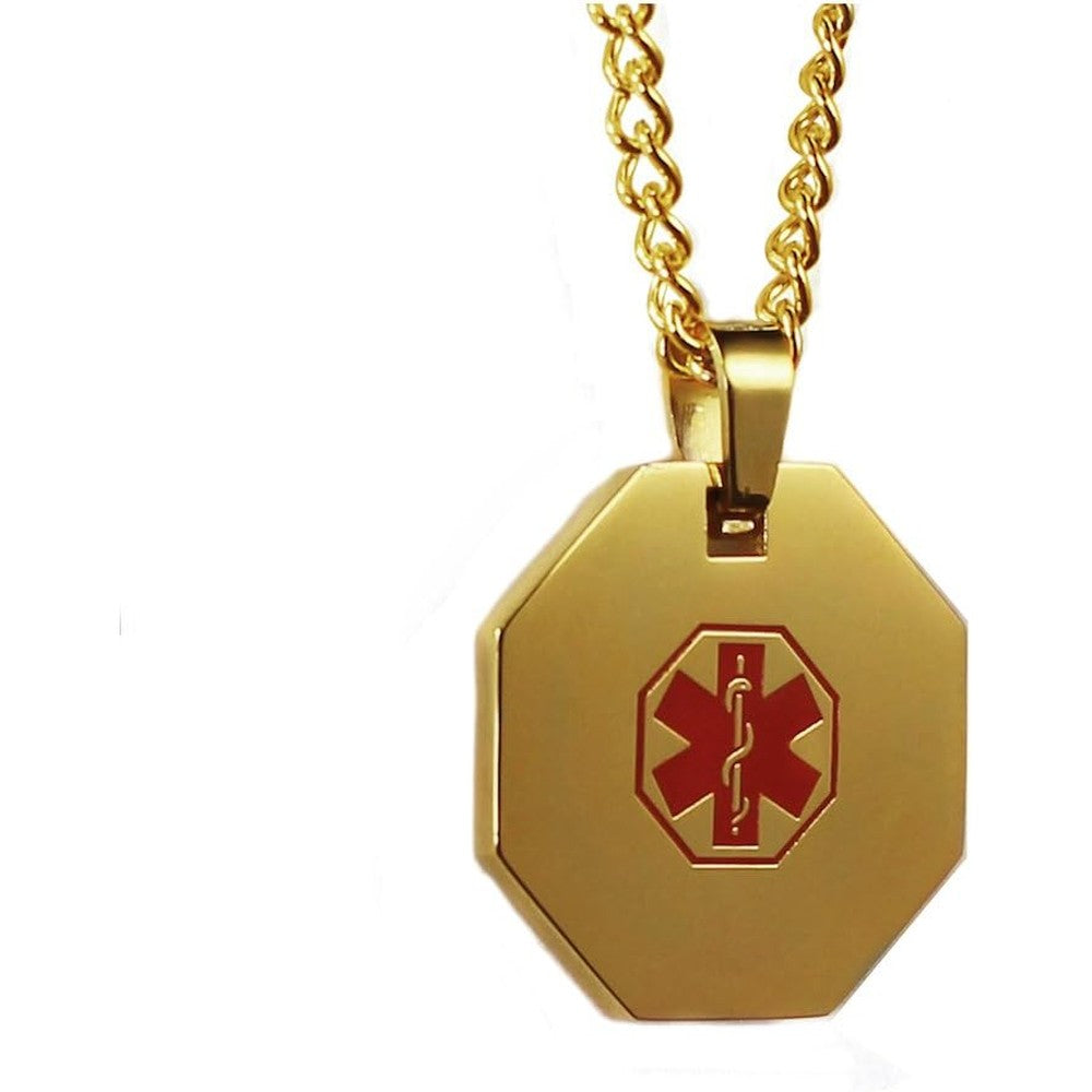 My Identity Doctor Medical Alert Necklace front view showing the gold-toned octagonal pendant with red Star of Life symbol.