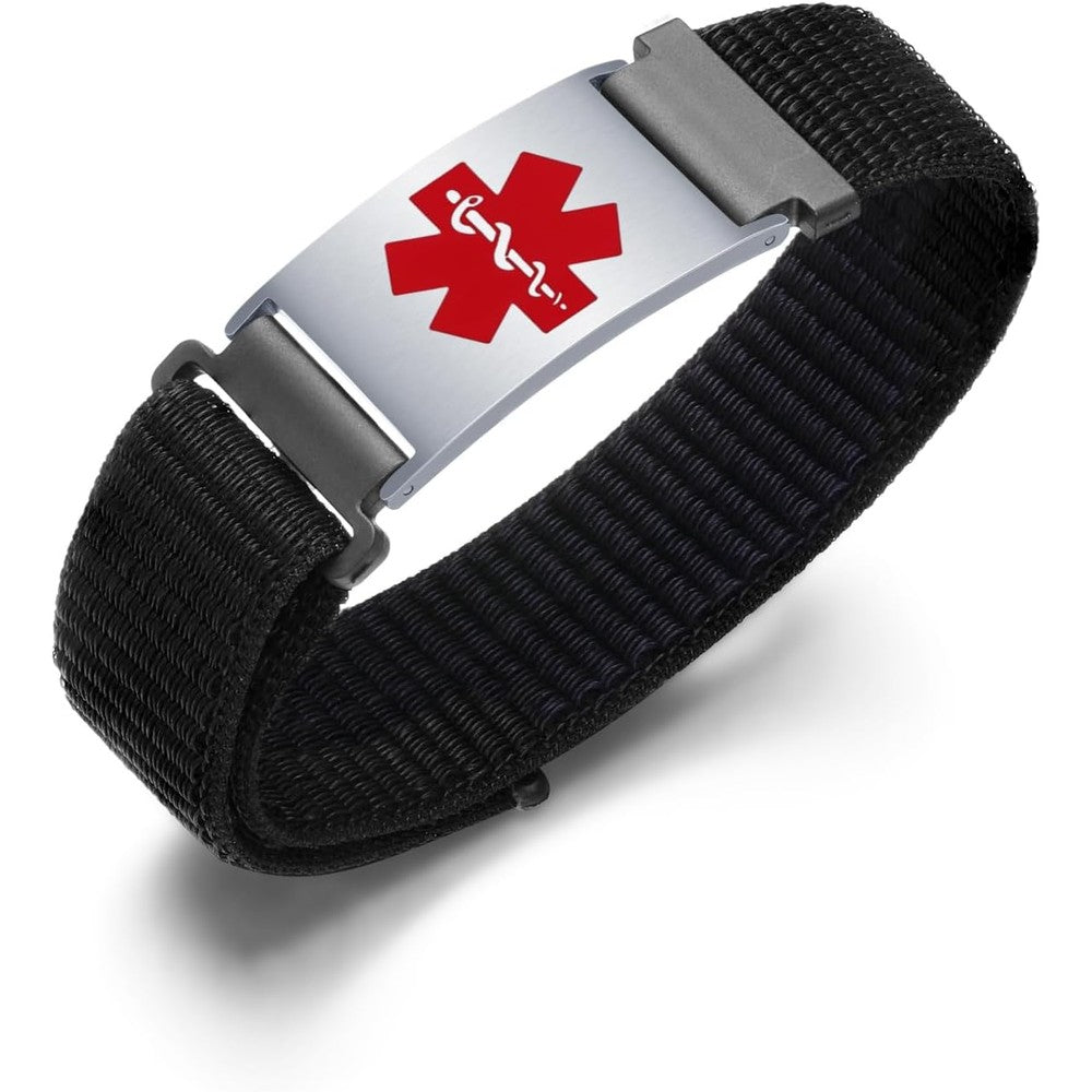 JUST MEET YOU personalized sport medical alert bracelet front view highlighting the stainless steel engraving plate