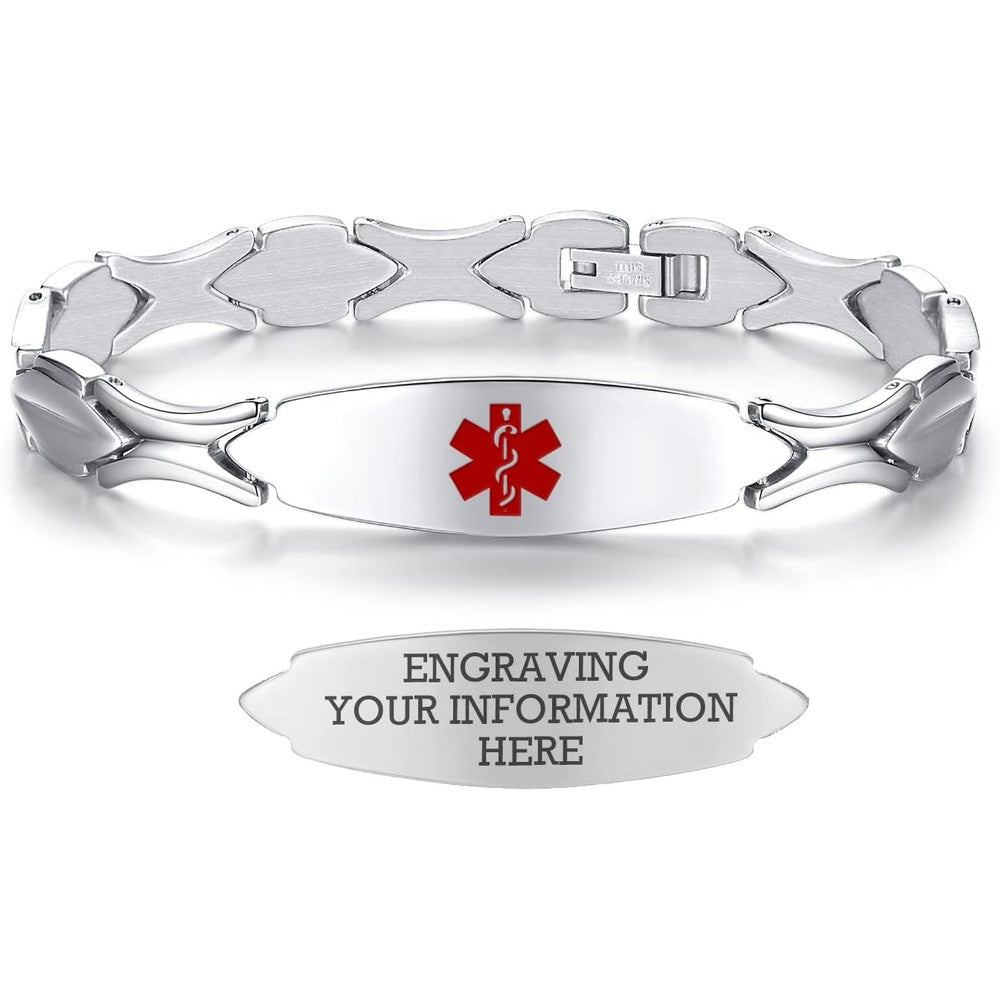 LinnaLove medical alert bracelet for women front view showing seed link chain and oval ID plate