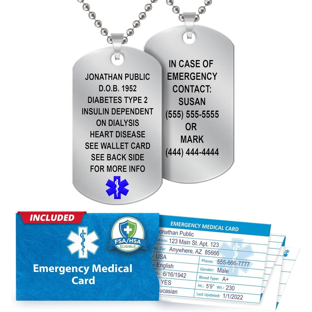 Universal Medical Data medical alert necklace for men front view showing blue star of life symbol