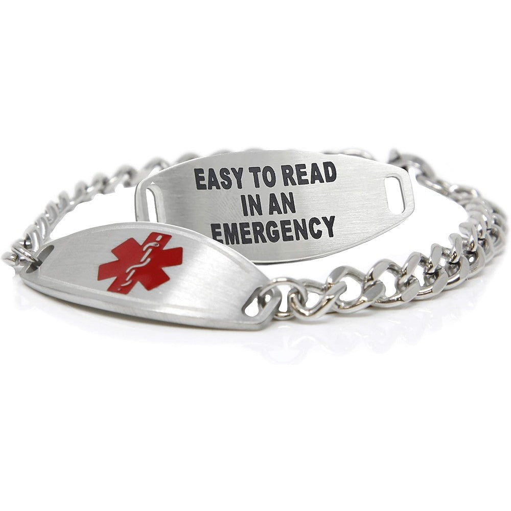 My Identity Doctor medical alert bracelet front view showing custom black engraving on brushed stainless steel tag