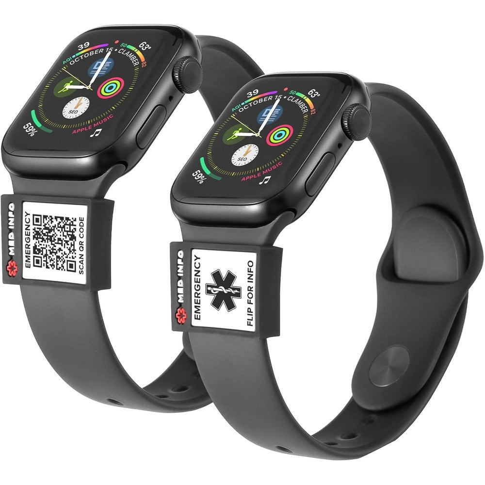MYLUCKYTAG QR Code Medical ID Tag black silicone front view slid on a smartwatch band.