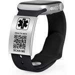 Theluckytag Medical Alert ID Tag front view showing engraved QR code on silver stainless steel plate.