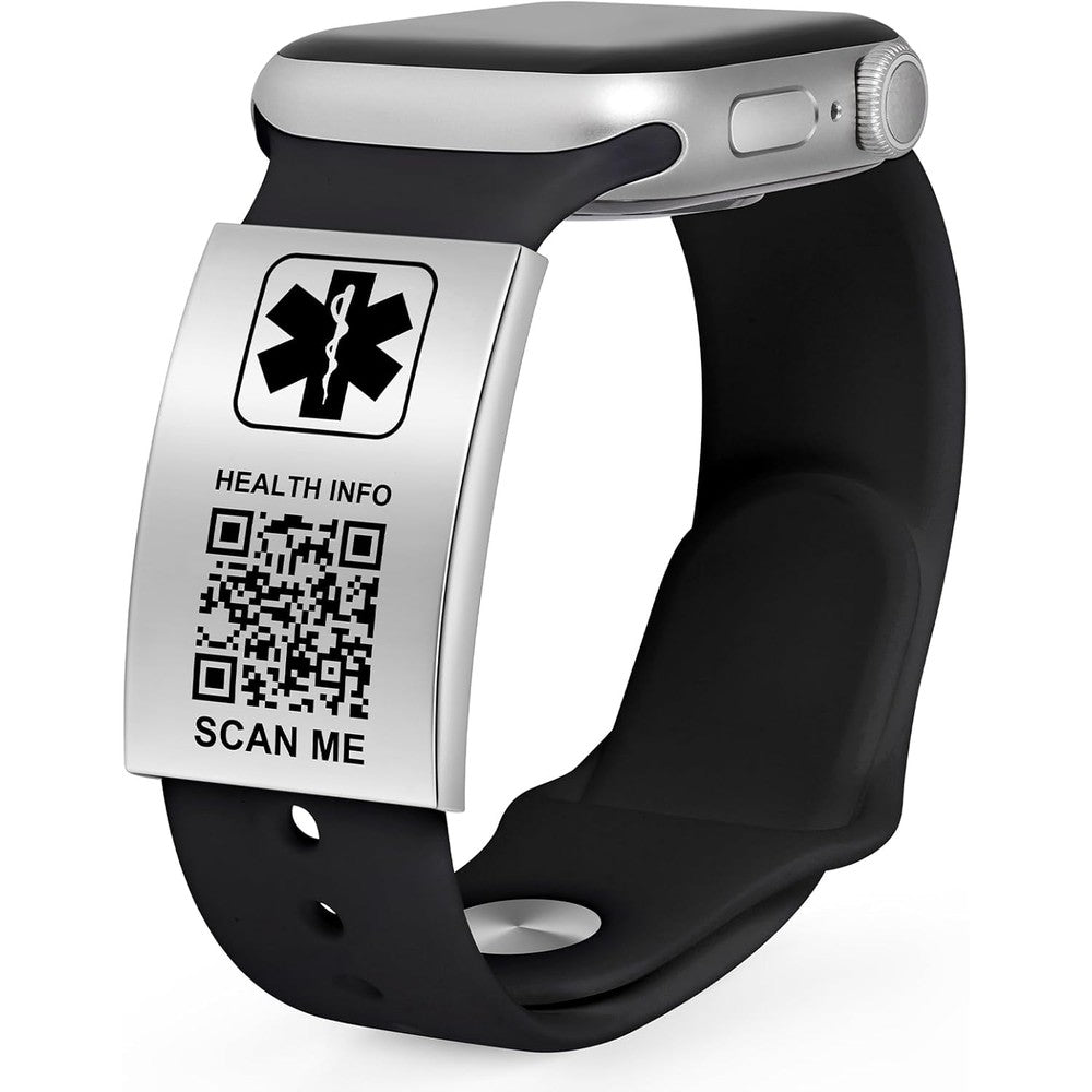 Theluckytag Medical Alert ID Tag front view showing engraved QR code on silver stainless steel plate.