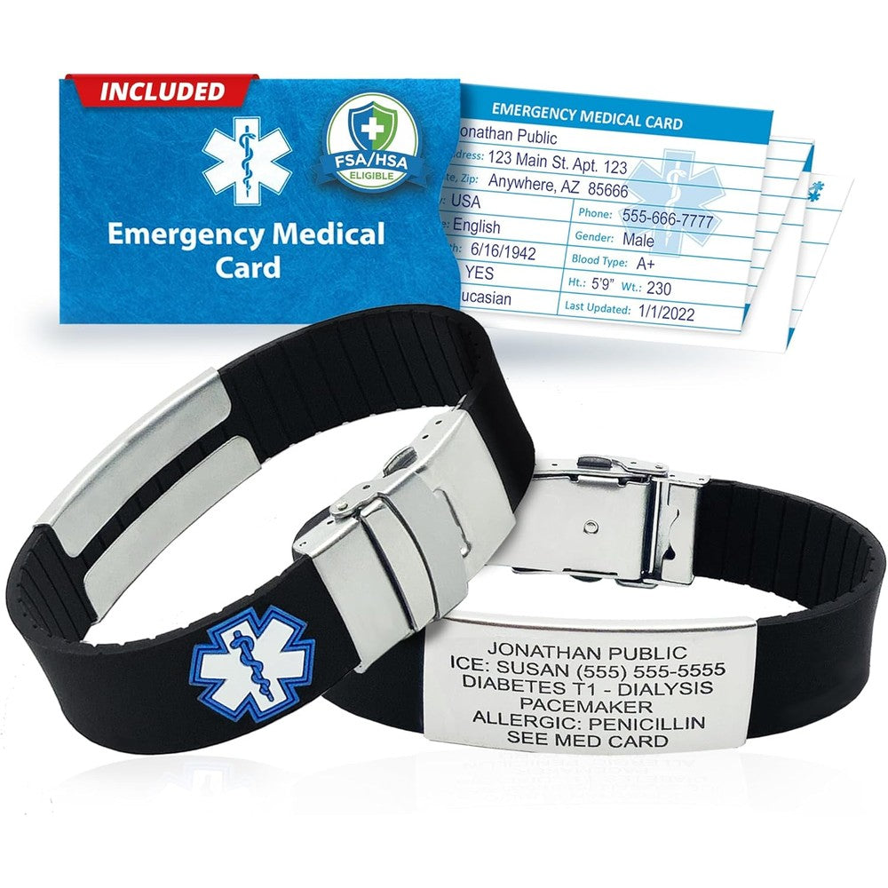 Universal Medical Data Elite II Sport Medical Alert Identification Bracelet front view showing black silicone band and stainless steel engraving plate
