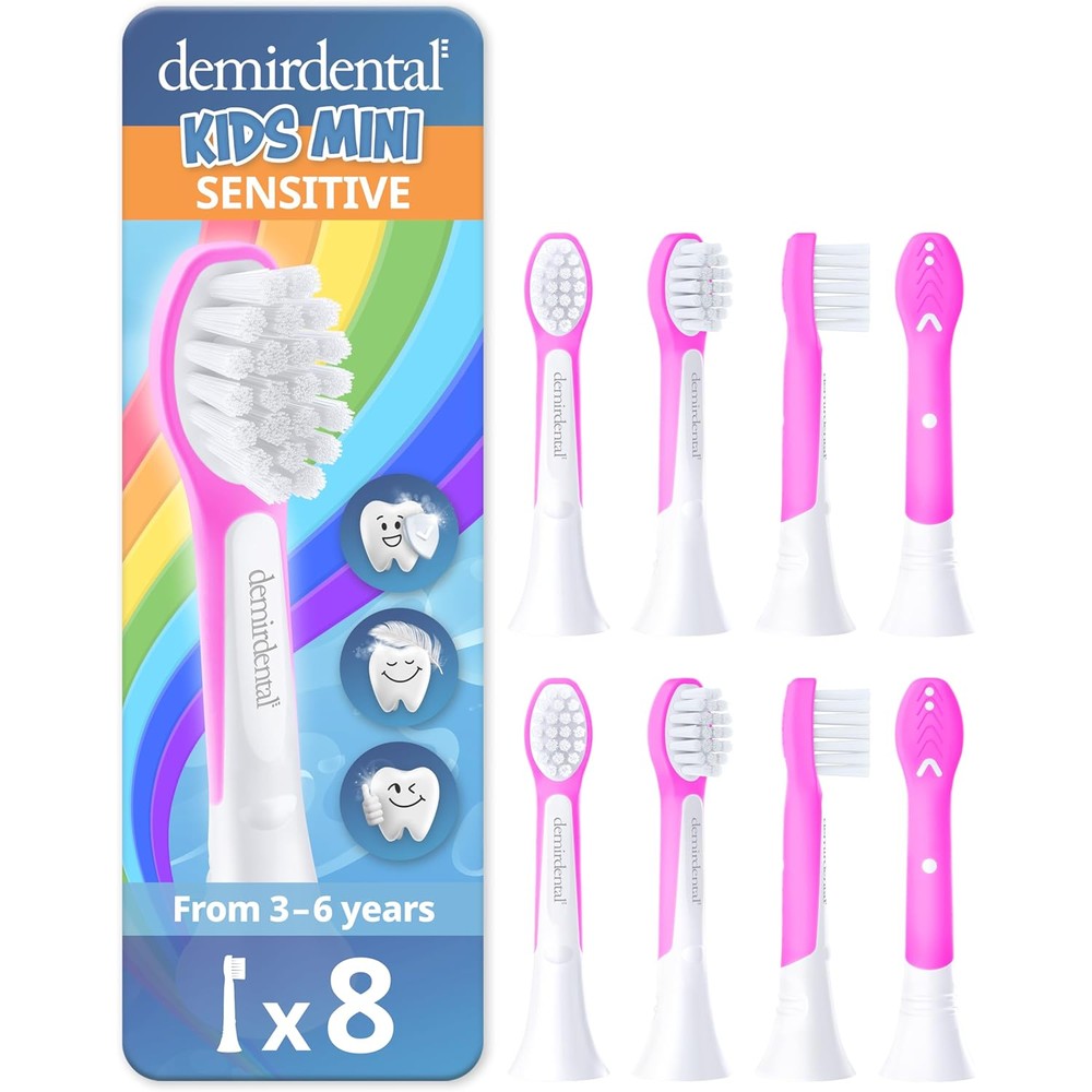 Demirdental Kids Mini Toothbrush Heads 8-pack front view for Philips Sonicare compatibility.