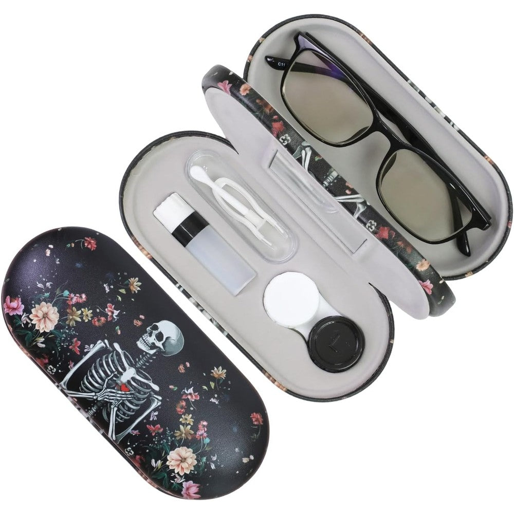 FlyingMage 2 in 1 black skull eyeglasses and contact lens case front view