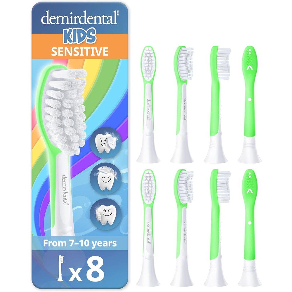 Demirdental Kids Toothbrush Heads 8 pack front view showing green replacement heads.
