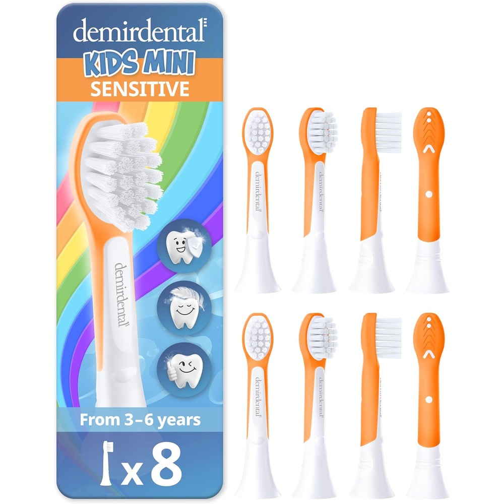 Demirdental Kids Mini Toothbrush Heads 8 pack front view showing orange rubberized design.