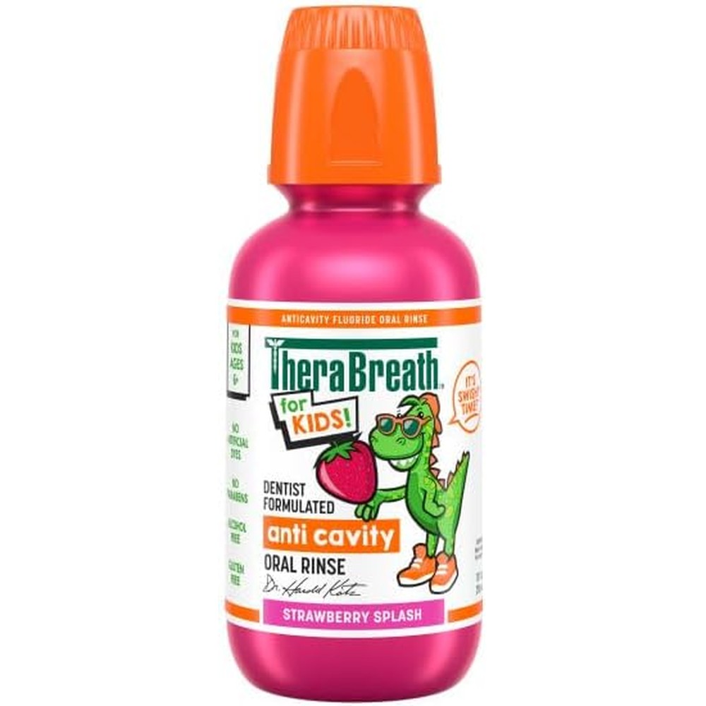 TheraBreath Kids Anticavity Oral Rinse Strawberry Splash 10 Fluid Ounce front view bottle for children's dental care.