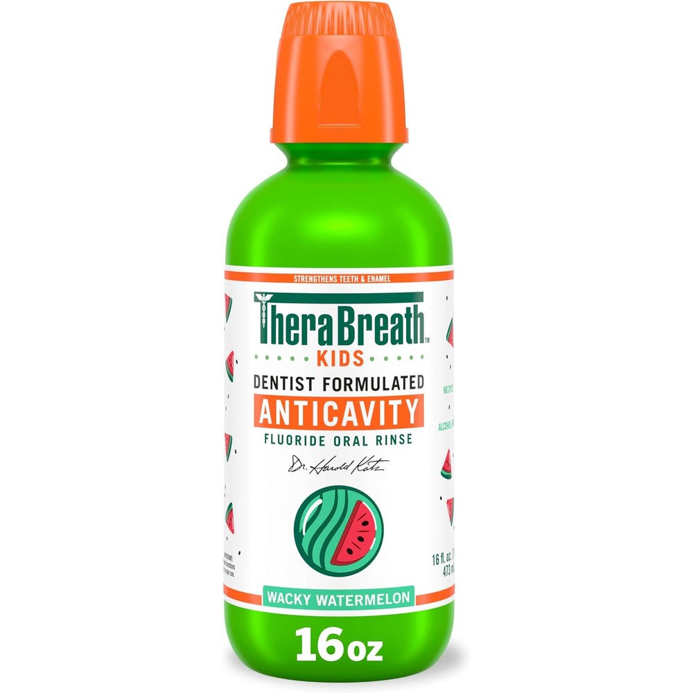 TheraBreath Kids Organic Wacky Watermelon Mouthwash 16 Fluid Ounce bottle front view authentic USA import.