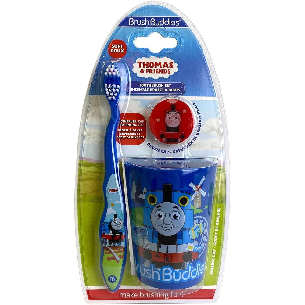 Thomas & Friends Kids Travel Dental Kit featuring soft toothbrush and blue rinsing cup for authentic kids oral care.