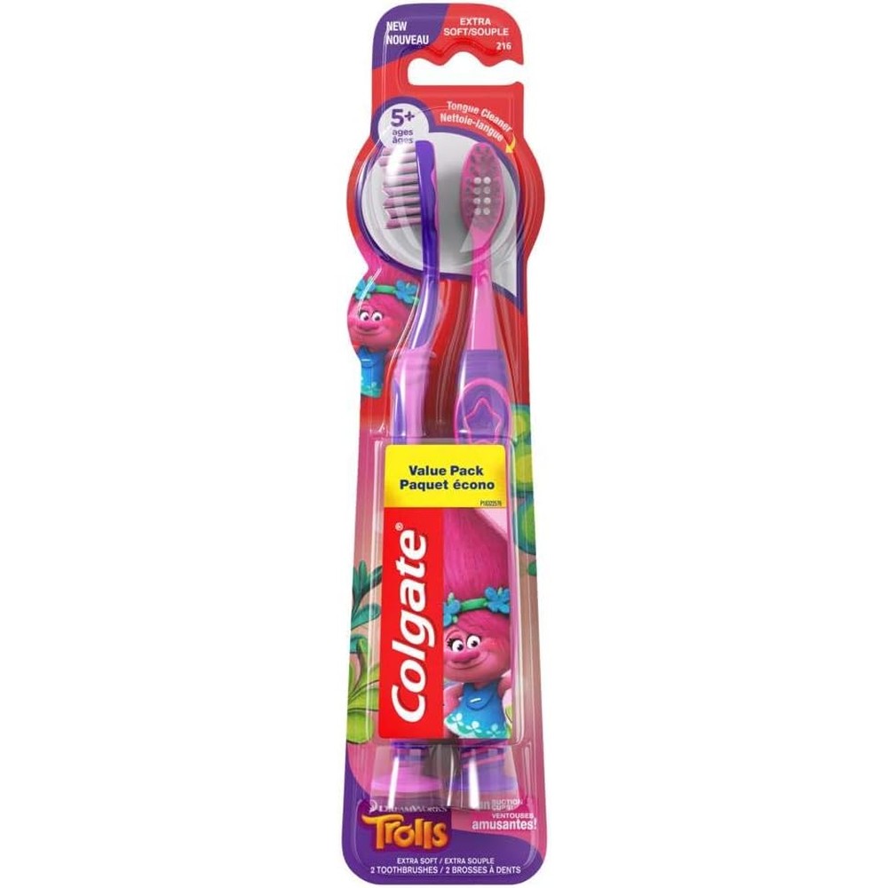 Colgate Kids Trolls Toothbrush 2 count front view for gentle pediatric dental care.