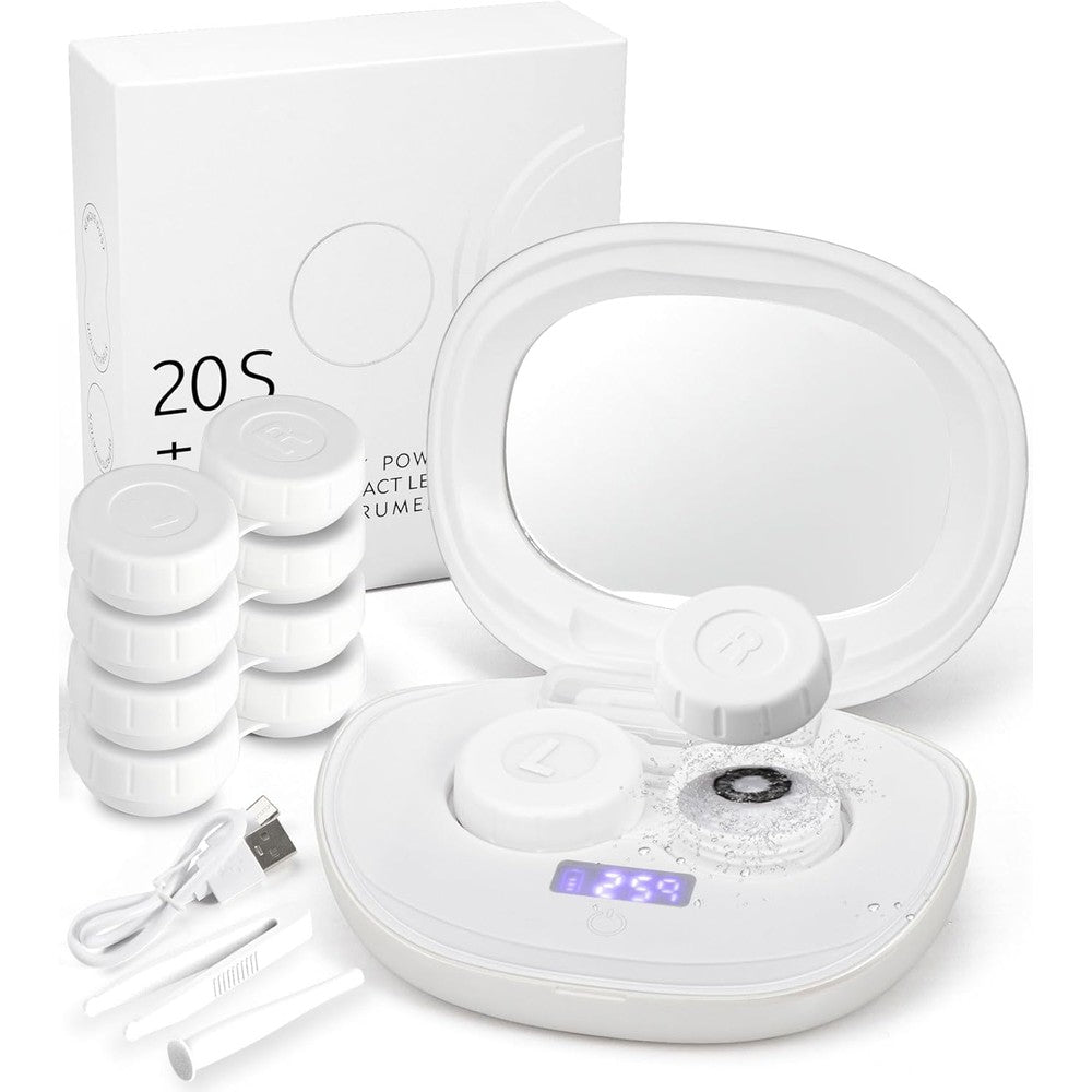Ofone ultrasonic contact lens cleaner machine in white front view showing digital timer display screen