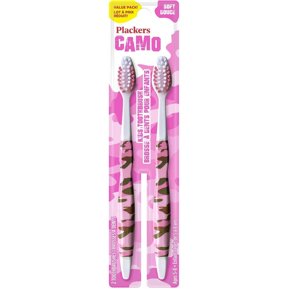 Plackers Kids Pink Camo Soft Toothbrush 2 Count pack front view for gentle oral care.