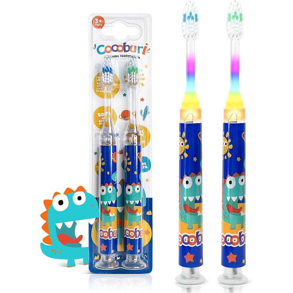 COCOBURI Flashing Toothbrush for kids with dinosaur graphics and suction cup base.
