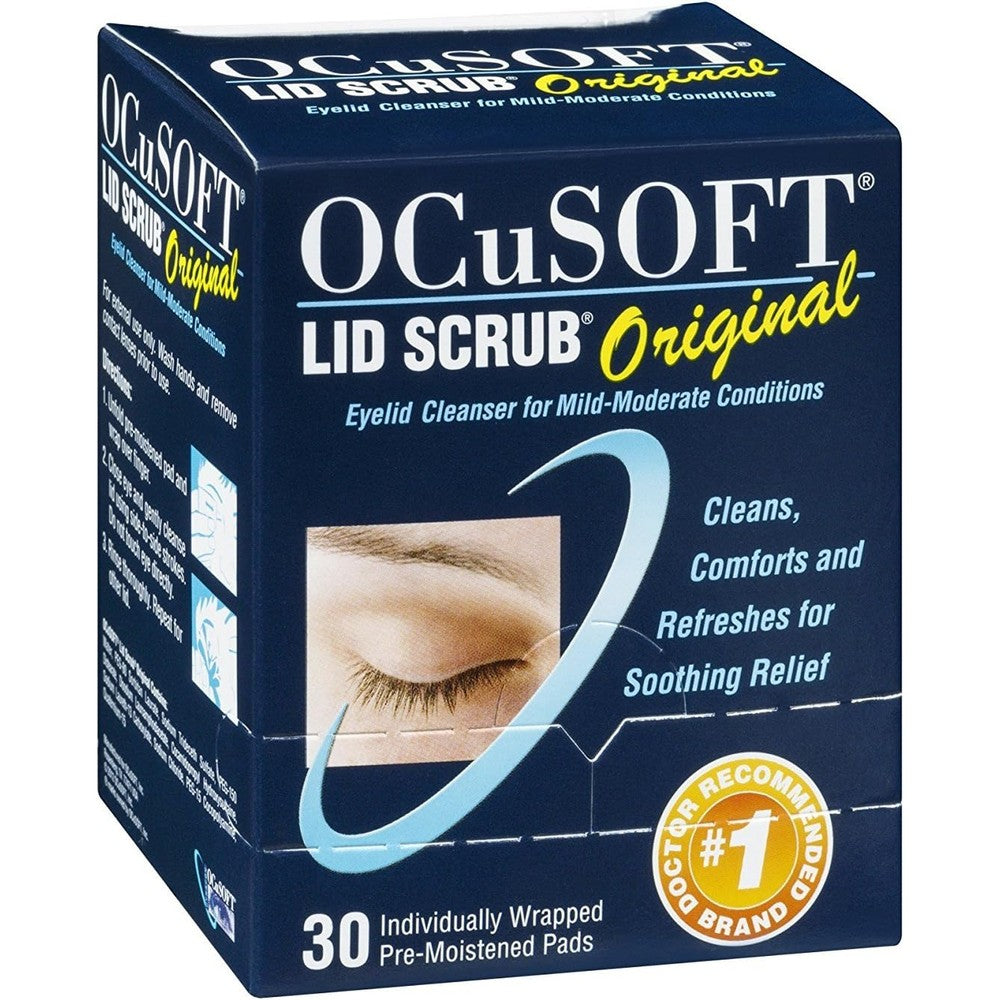 OCuSOFT Lid Scrub Original 30 Count Pack of 3 front view of box packaging for daily eyelid hygiene.