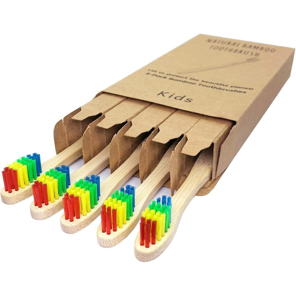 ECOETBOO Kids Bamboo Toothbrush 5 Pack front view rainbow eco-friendly oral care