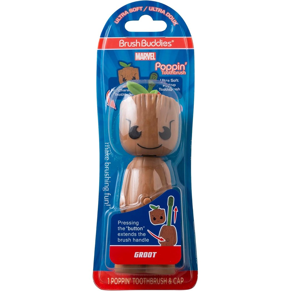 Brush Buddies Marvel Groot Kids Toothbrush with character head cover front view imported oral care.