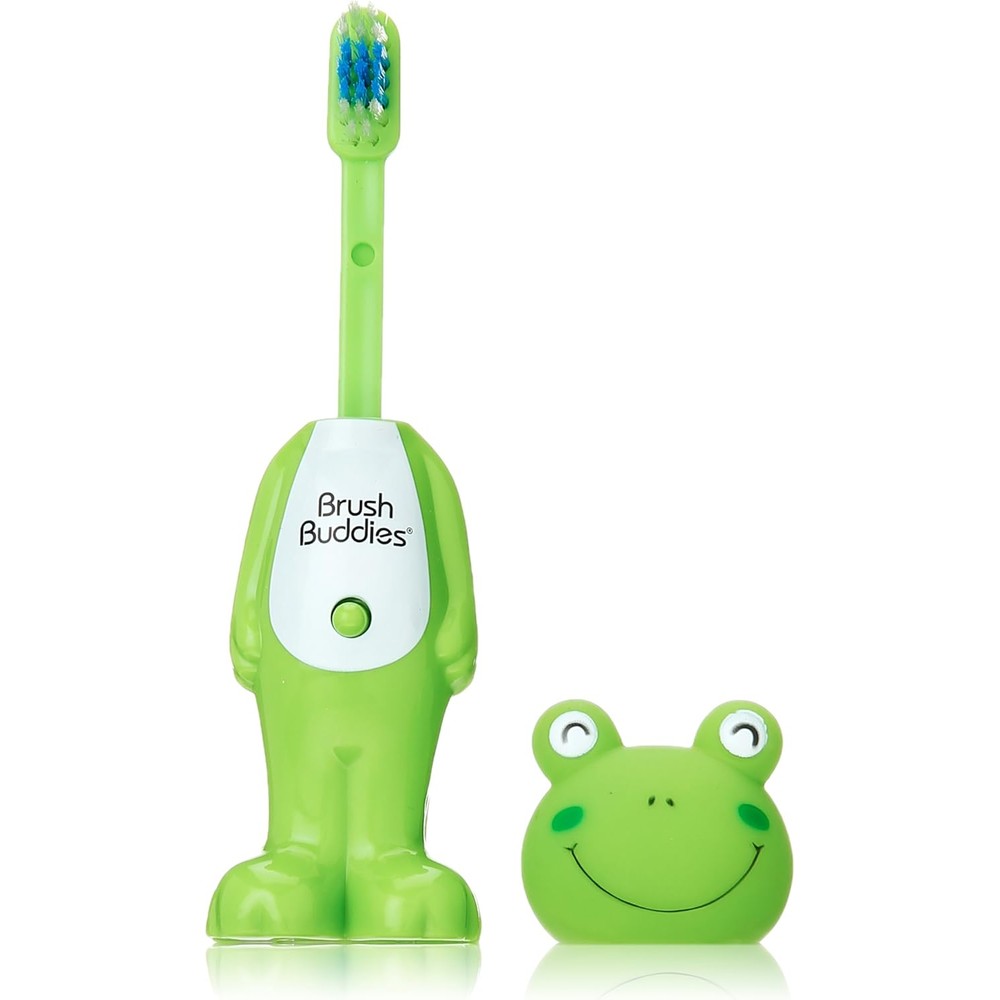 Brush Buddies Leapin Louie frog toothbrush front view showing pop-up soft bristles for kids dental care.