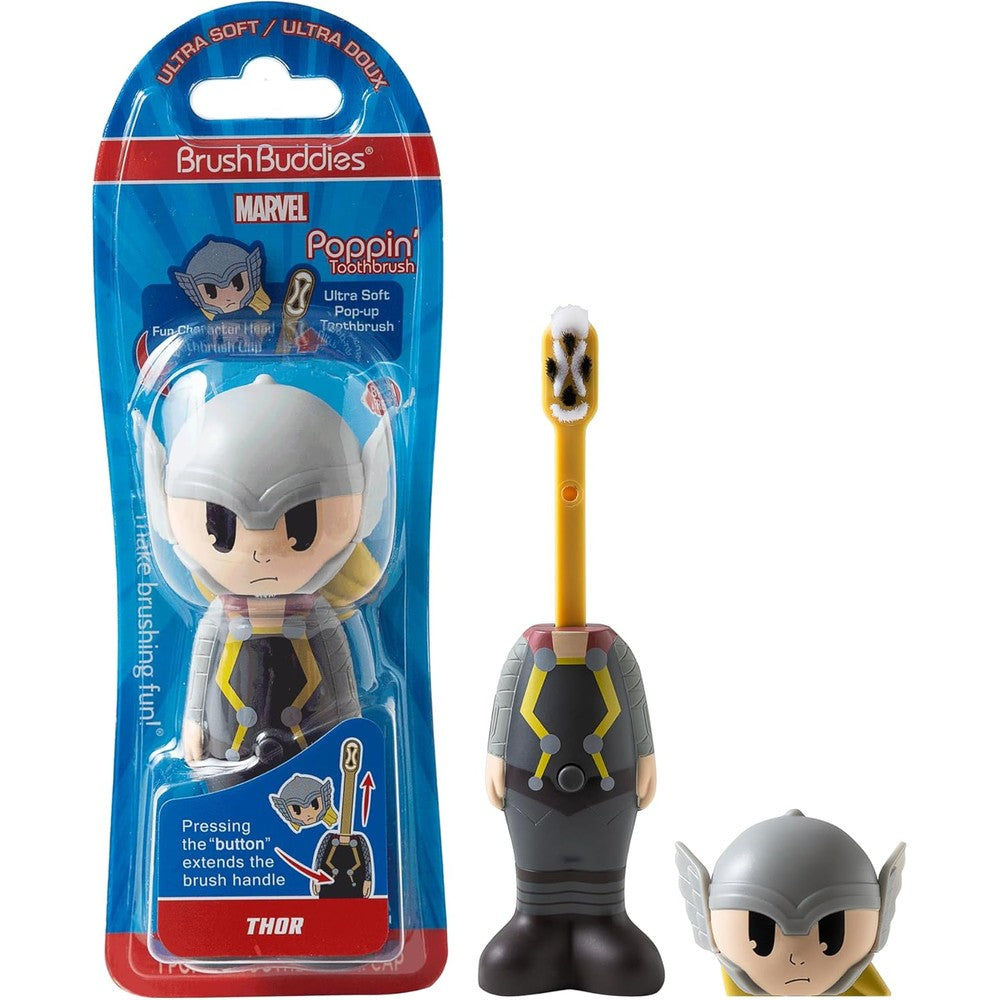 Brush Buddies Marvel Thor Kids Toothbrush front view with superhero pop-up cover.
