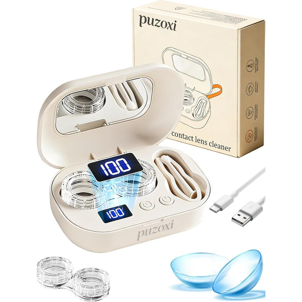 Puzoxi ultrasonic contact lens cleaner machine front view showing compact portable design