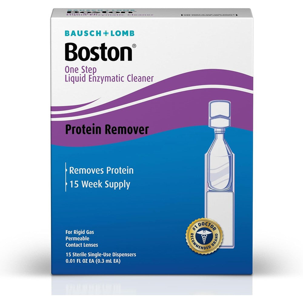 Bausch and Lomb Boston One Step Liquid Enzymatic Cleaner front view packaging for hard contact lenses