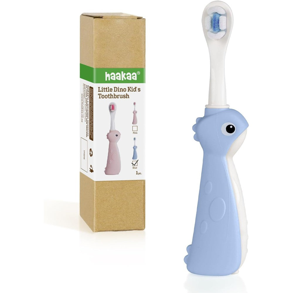 Haakaa Dinosaur Toothbrush for Kids Blue front view soft training brush