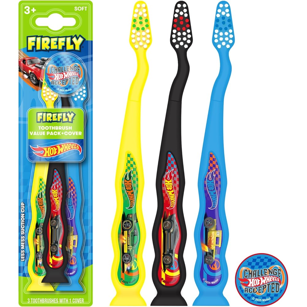 Firefly Hot Wheels Kids Soft Toothbrush Value Pack front view authentic imported oral care.