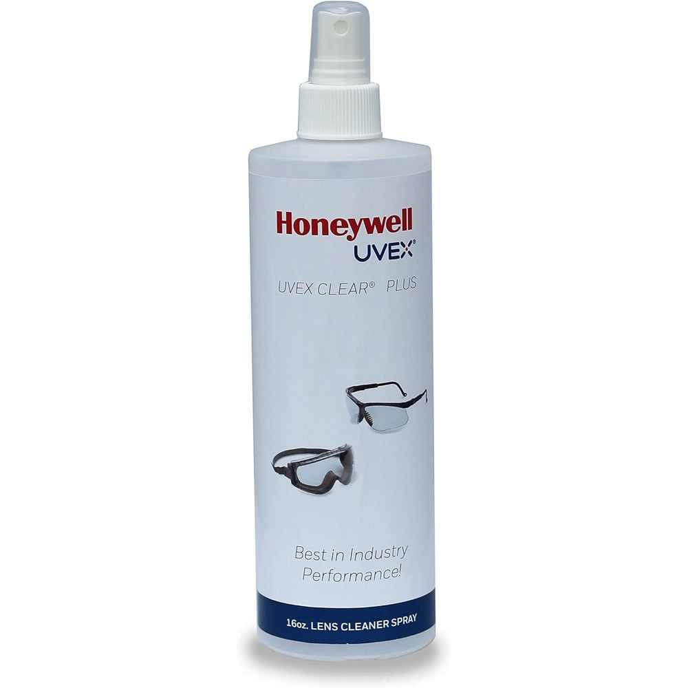 Uvex Clear Plus Lens Cleaner Solution sixteen fluid ounce front view spray bottle for streak free optical clarity.