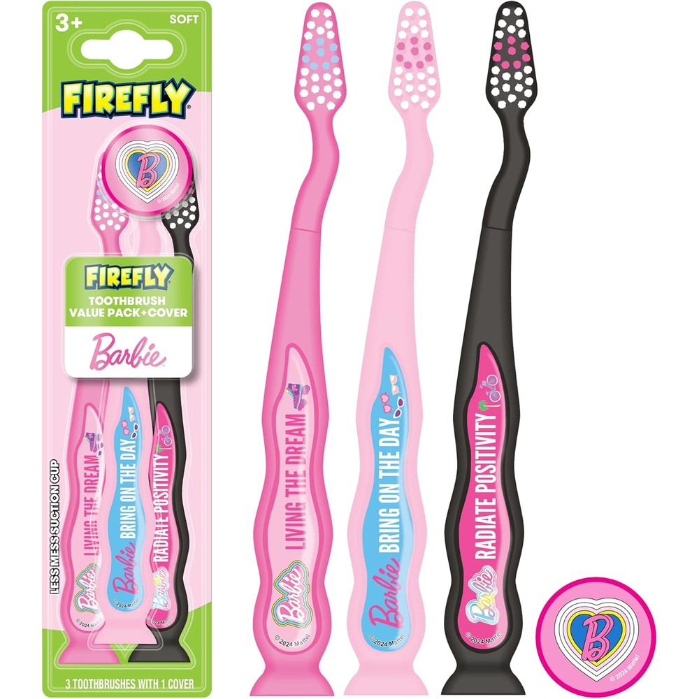 Firefly Barbie Toothbrush Value Pack front view showing three soft bristle brushes and suction cups for kids oral care.