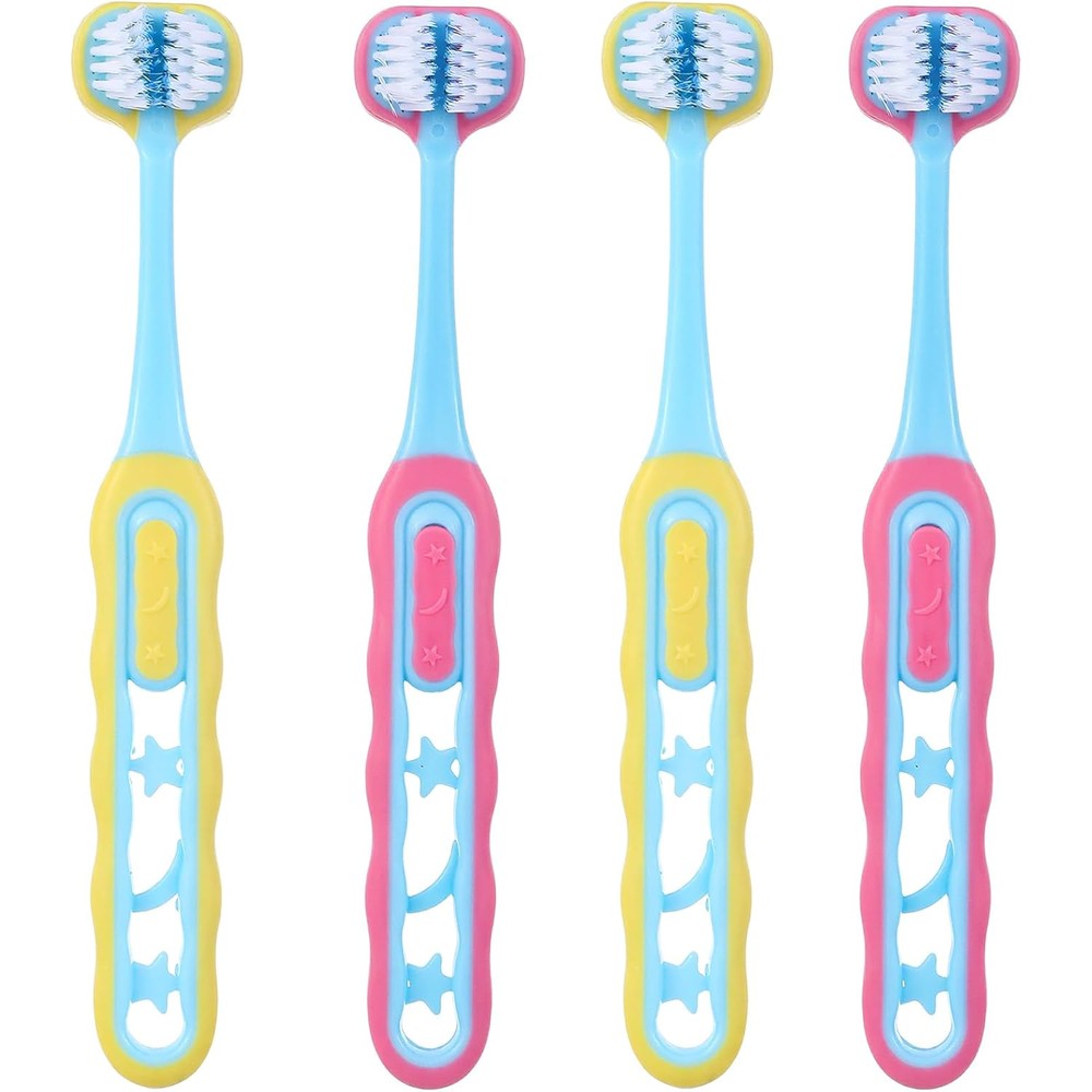 ValueBargain 3 sided toothbrush kids 4 pack front view showing triple-head design.