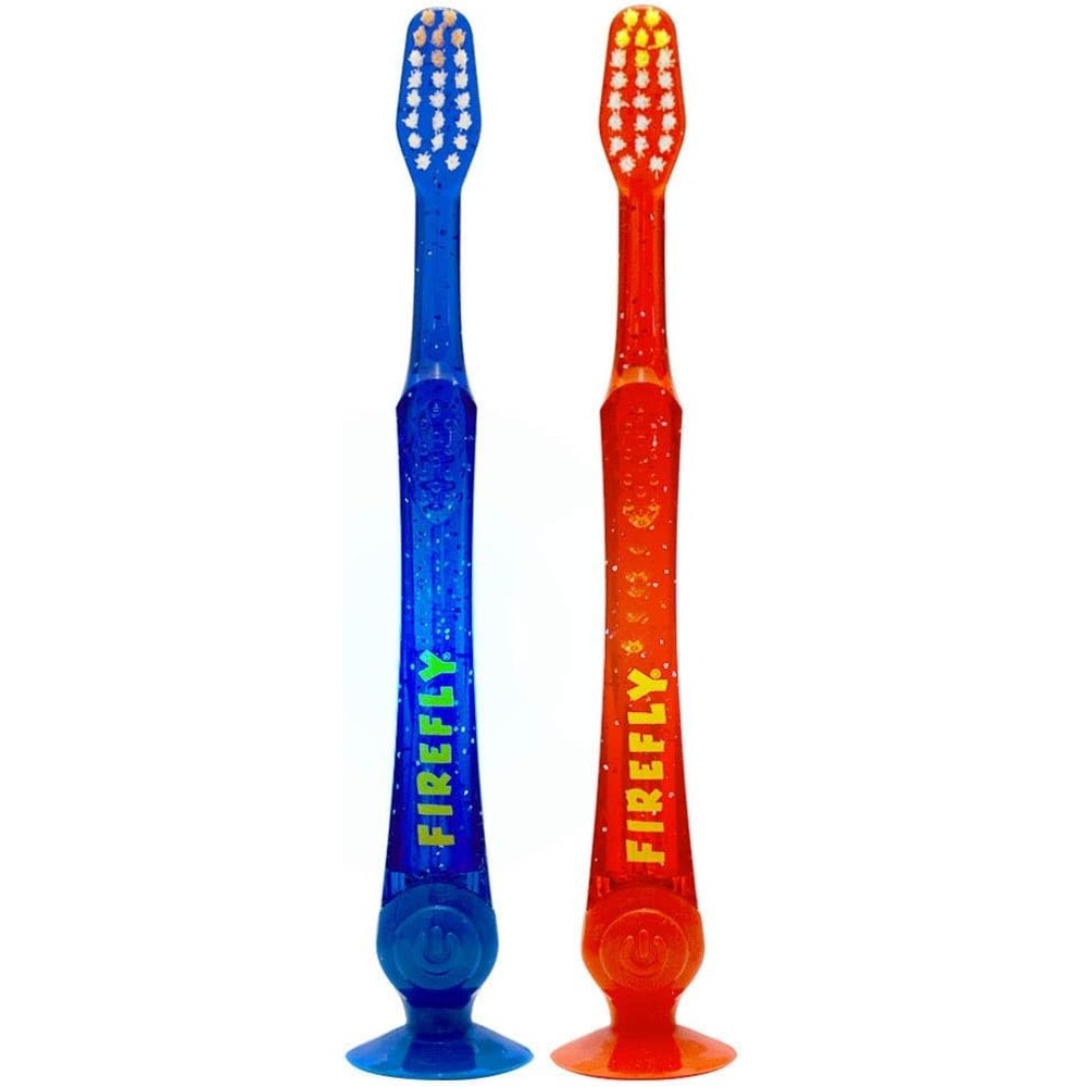 Firefly Light Up Timer Kids Toothbrush 2 count pack front view featuring red color and suction cup base.
