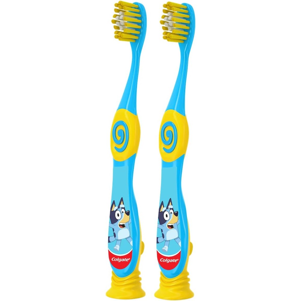 Colgate Bluey Kids Toothbrush Pack of 2 featuring extra soft bristles and suction cup base.