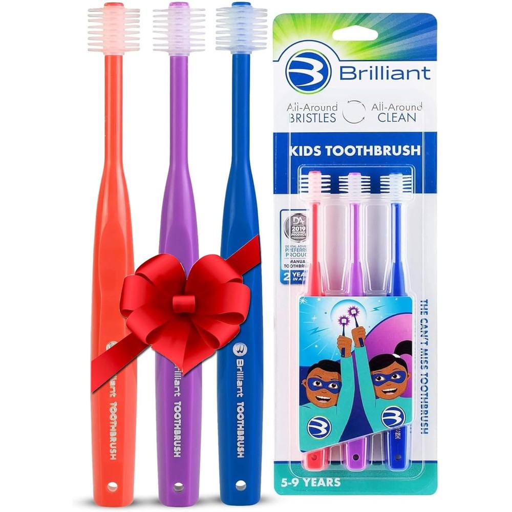 Brilliant Oral Care Kids 360 Degree Toothbrush 3 pack front view for ages 5-9