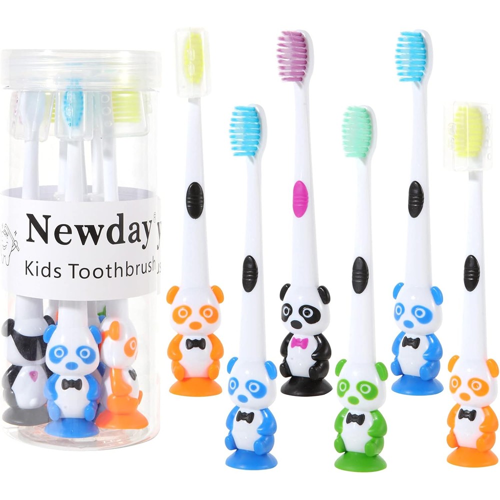 Newday Kids Toothbrushes 6 Pack front view showing panda designs and suction cups.