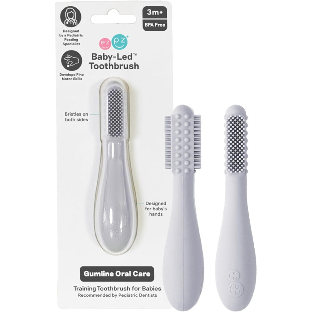 ezpz Baby-Led Toothbrush in Pewter front view for infant oral development.