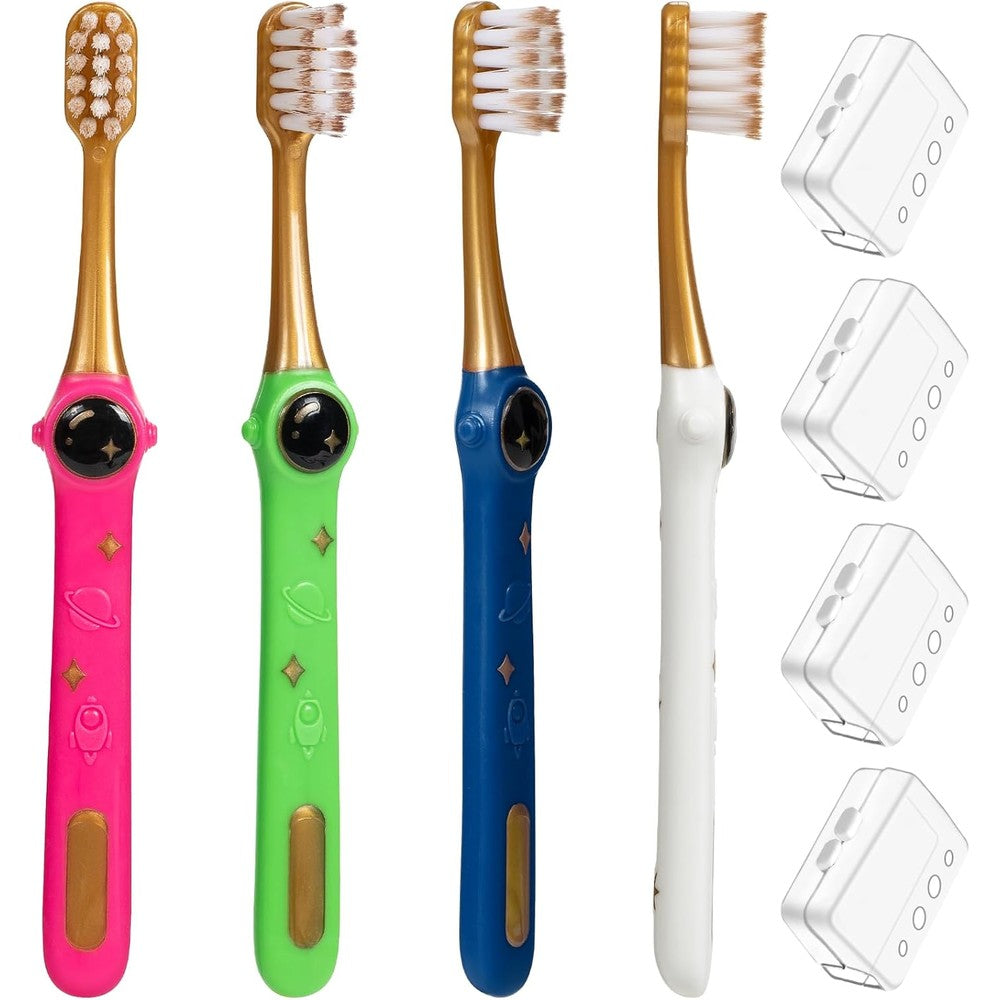 Prasburr Galactic Adventures Kids Toothbrush pack of four featuring space-themed designs and protective caps.