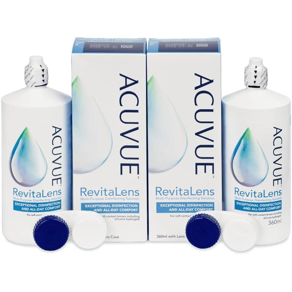 Acuvue Revitalens multi purpose contact lens solution twin pack front view showing imported product packaging.