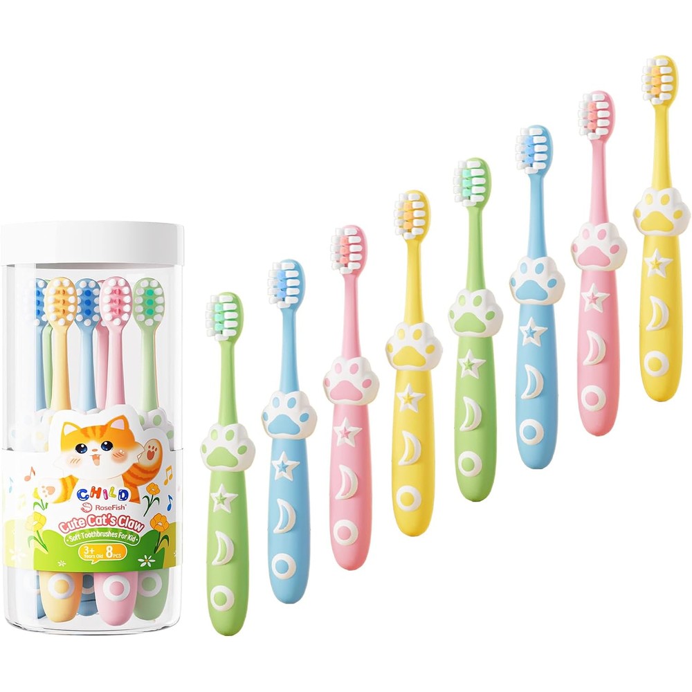 RoseFish Kids Toothbrush 8 Pack front view showing multicolor cat paw handles and extra soft bristles.