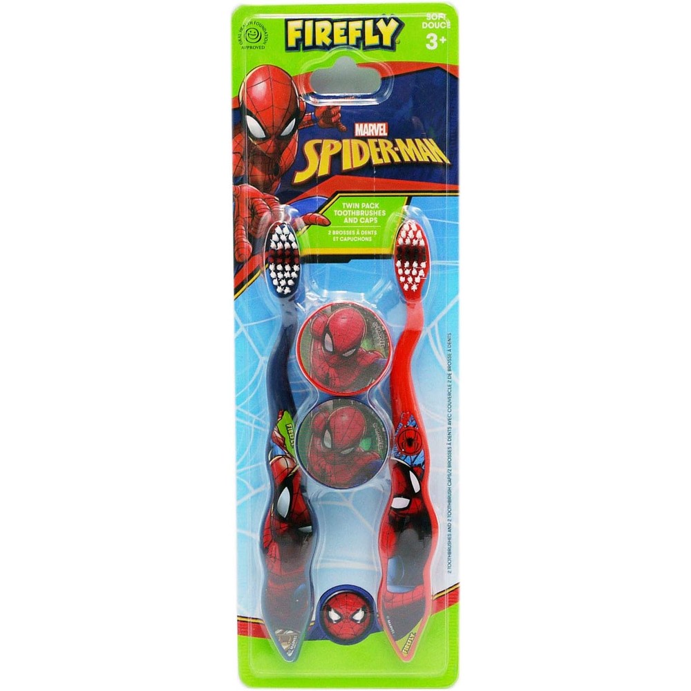 Firefly Spiderman Kids Toothbrush Twin Pack with protective caps front view manual oral care.