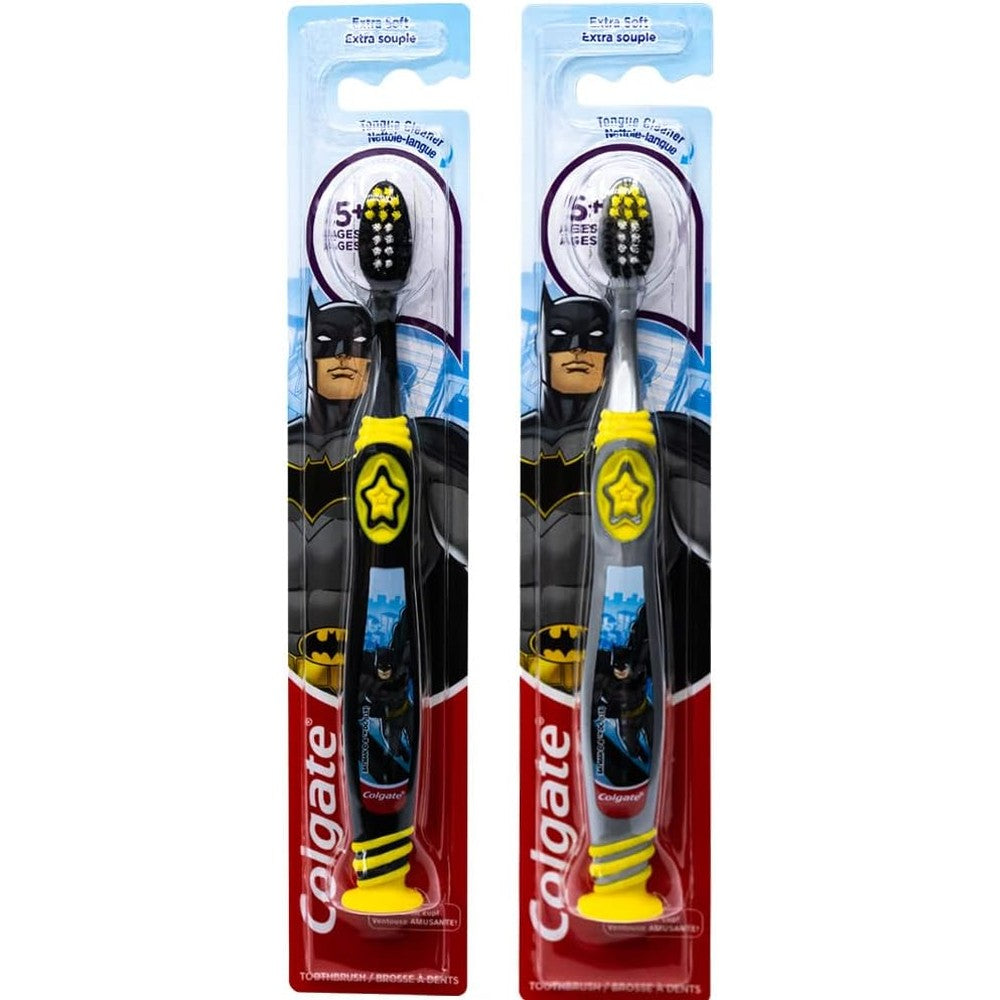 Colgate Batman Kids Toothbrush Pack of 2 front view showing extra soft bristles and suction cup.