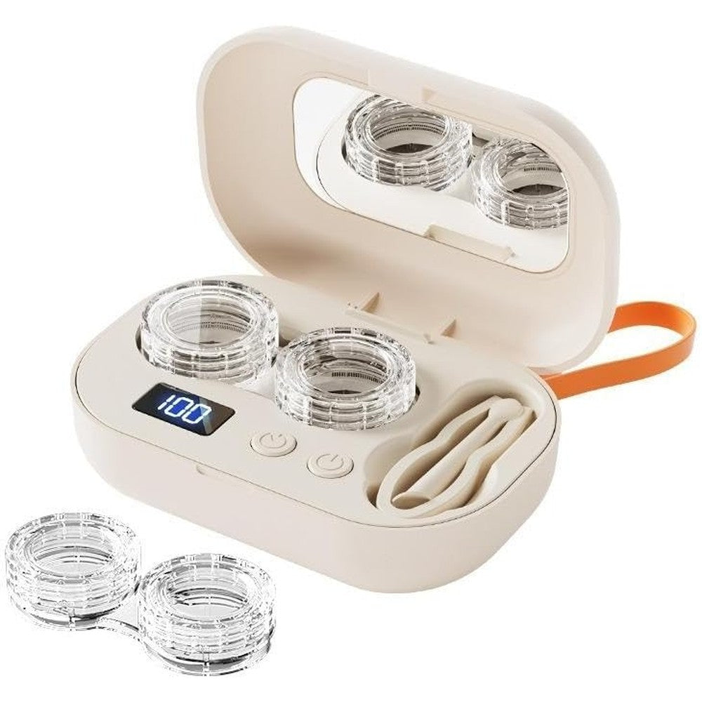 Generic ultrasonic contact lens cleaner front view showing open case with vanity mirror and lens compartments.