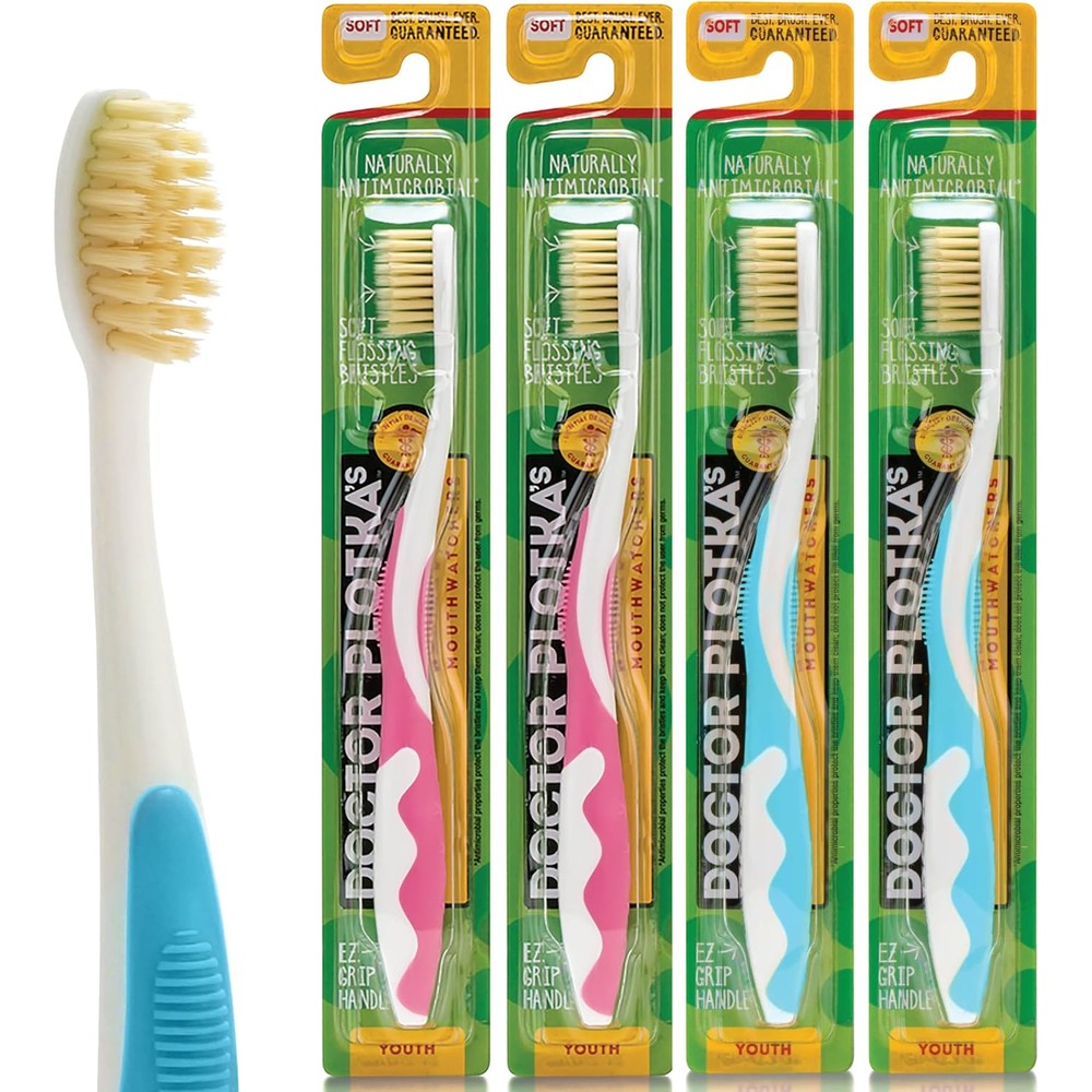 MOUTHWATCHERS Soft Kids Flossing Manual Toothbrush 4 Pack front view antimicrobial silver bristles.