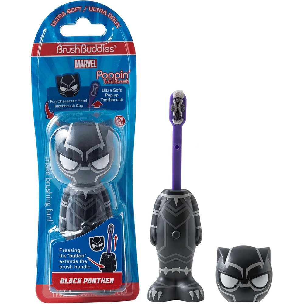 Brush Buddies Marvel Black Panther Poppin Kids Toothbrush front view with character cap for manual oral care.