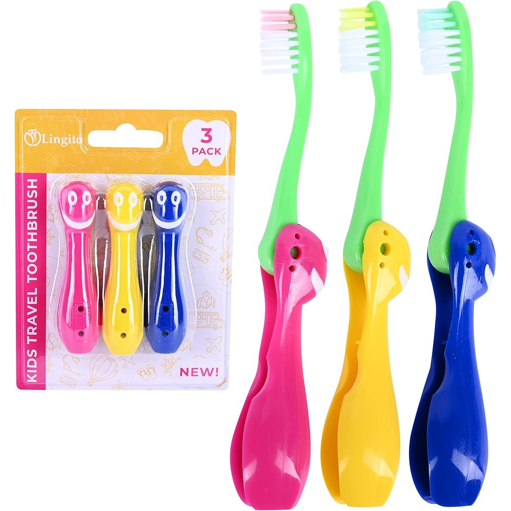 Lingito kids folding travel toothbrush three pack front view for gentle pediatric oral care.