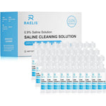 RAELIS Saline Solution front view box of thirty individual sterile single use vials for daily household care