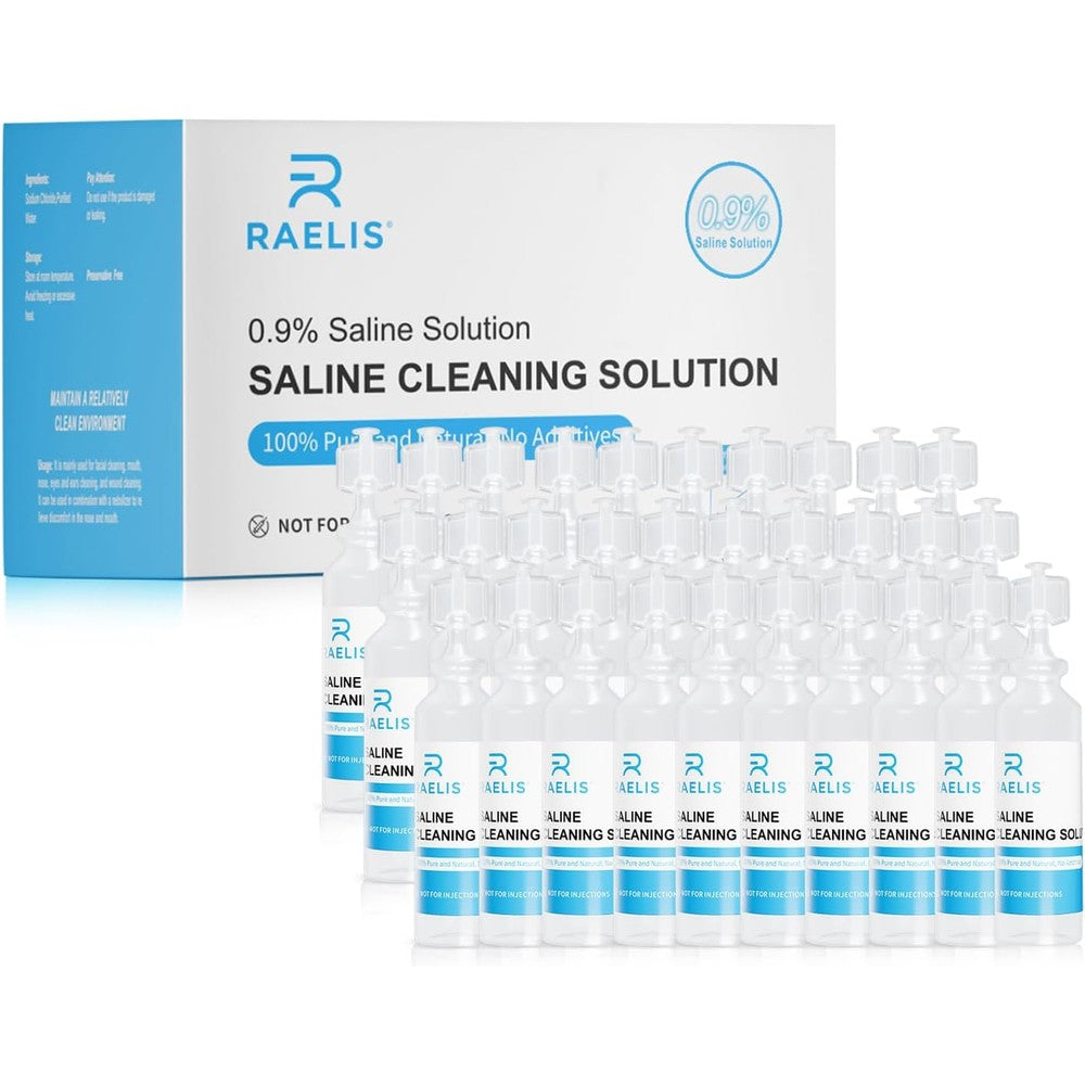 RAELIS Saline Solution front view box of thirty individual sterile single use vials for daily household care