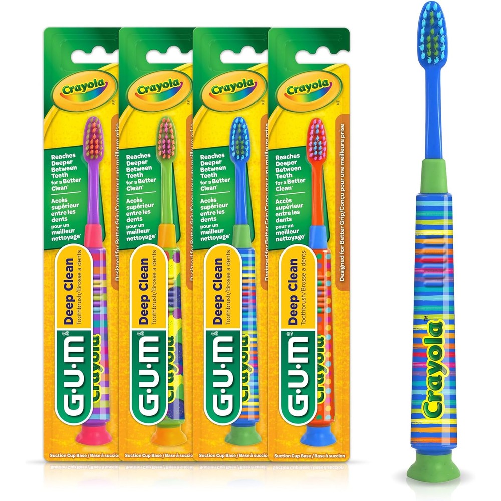 GUM Crayola Deep Clean Kids Toothbrush 4 Pack front view showing colorful marker designs and suction bases.