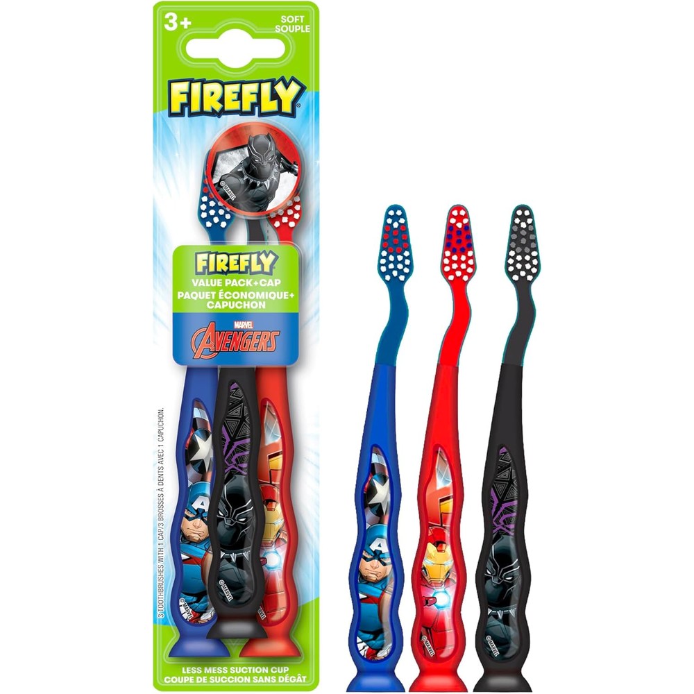 Firefly Marvel Avengers Kids Soft Toothbrush 3 Count front view featuring Iron Man and Captain America designs
